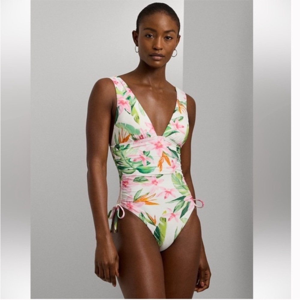 Lauren Ralph Lauren Floral Shirred V-Neck One-Piece NWT